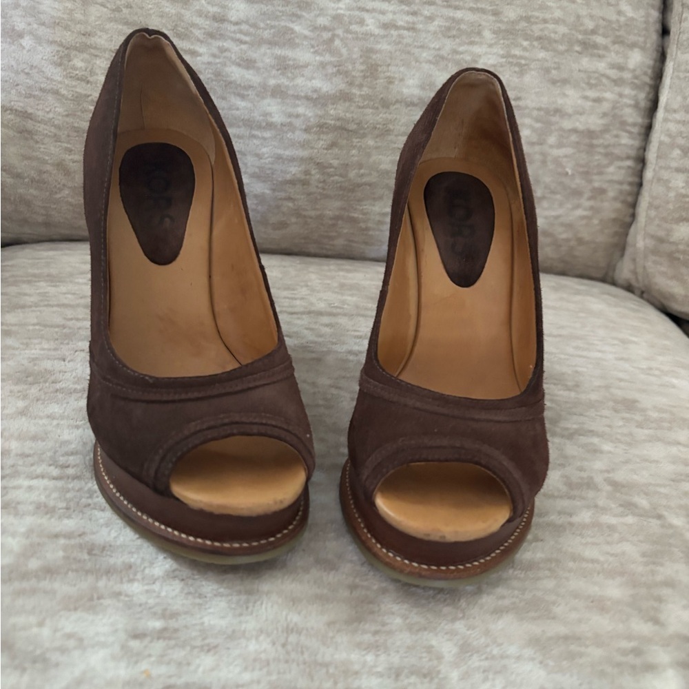 Michael Kors Brown Peep-Toe Suede Wedges - Picture 10 of 11